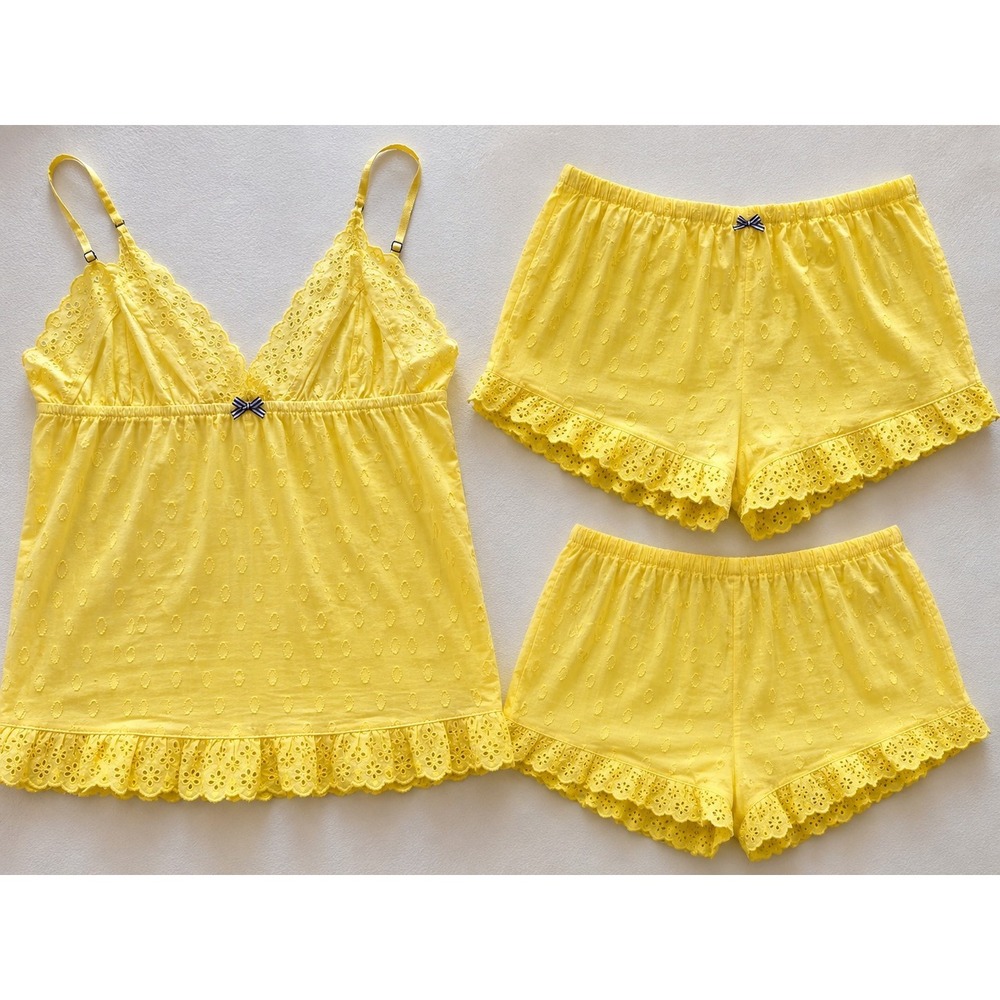 Vintage Y2K Yellow Eyelet Pajama Set L Cami Shorts Lace Ruffle Cottagecore